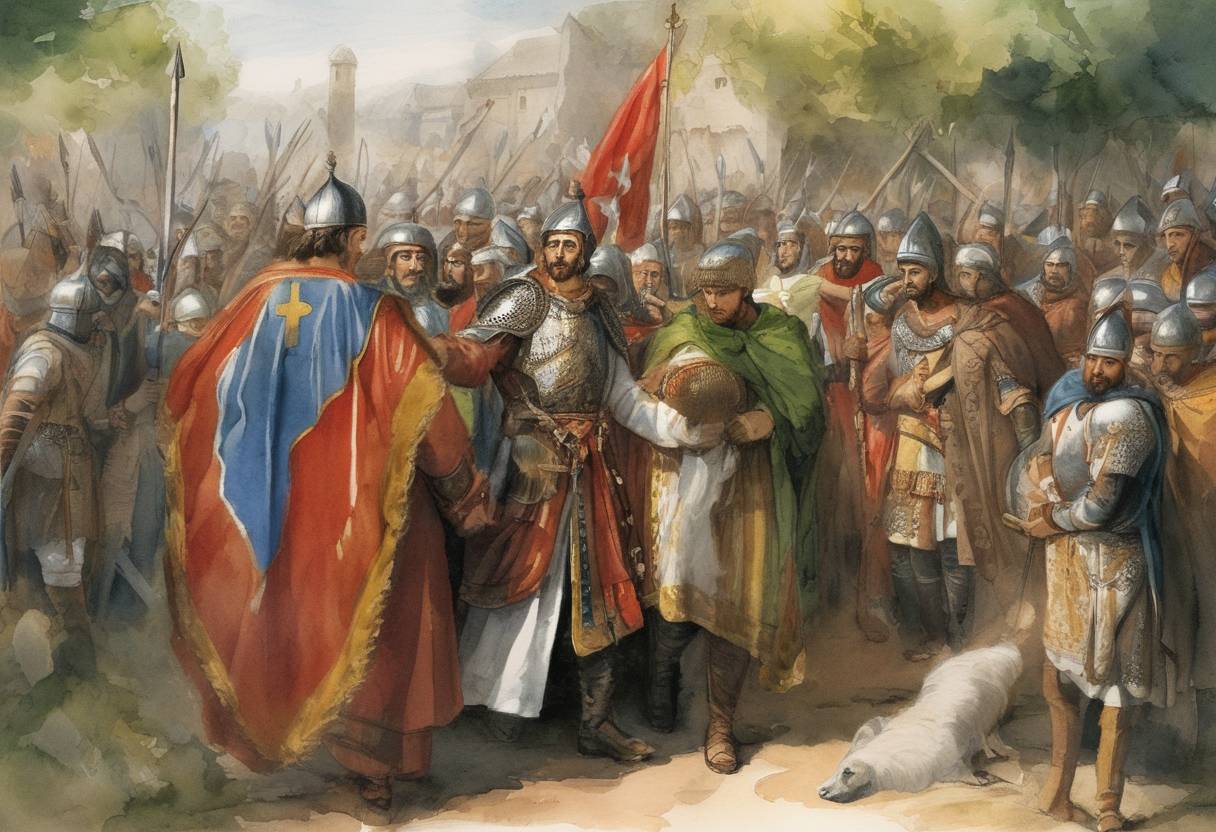 Watercolor painting based depiction of During the First Crusade, Baldwin of Boulogne is crowned the first Count of Edessa, solidifying the capture and establishment of the County of Edessa as the first of the Crusader states. (1098)