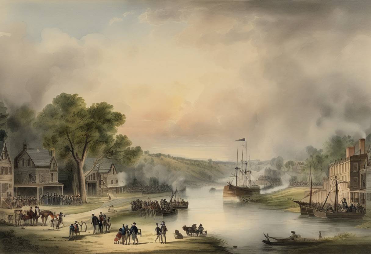 Watercolor painting based depiction of The Toledo War, a boundary dispute between the state of Ohio and the adjoining Michigan Territory, unofficially ended as the federal government intervened. (1836)