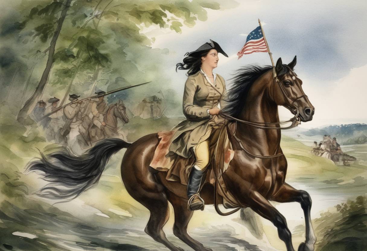 Watercolor painting based depiction of During the American Revolutionary War, Sybil Ludington rides 40 miles to warn militiamen of the approaching British forces. (1777)