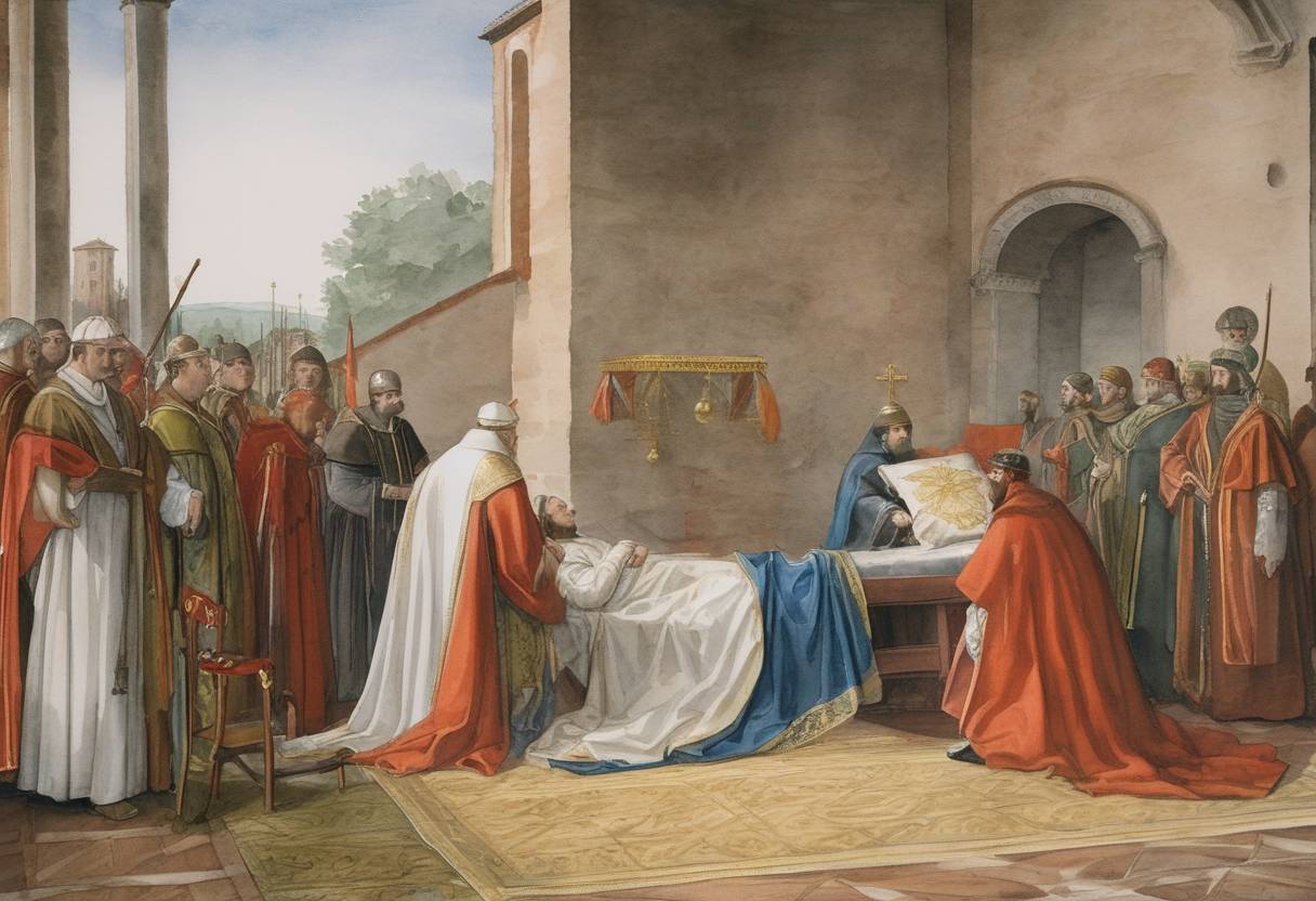 Watercolor painting based depiction of The death of Pope Martin IV occurred. As the pope from 1281 to 1285, Martin IV was a key figure in the political and religious dynamics of the period, notably known for his excommunication of the King of Sicily, Peter III. (1285)