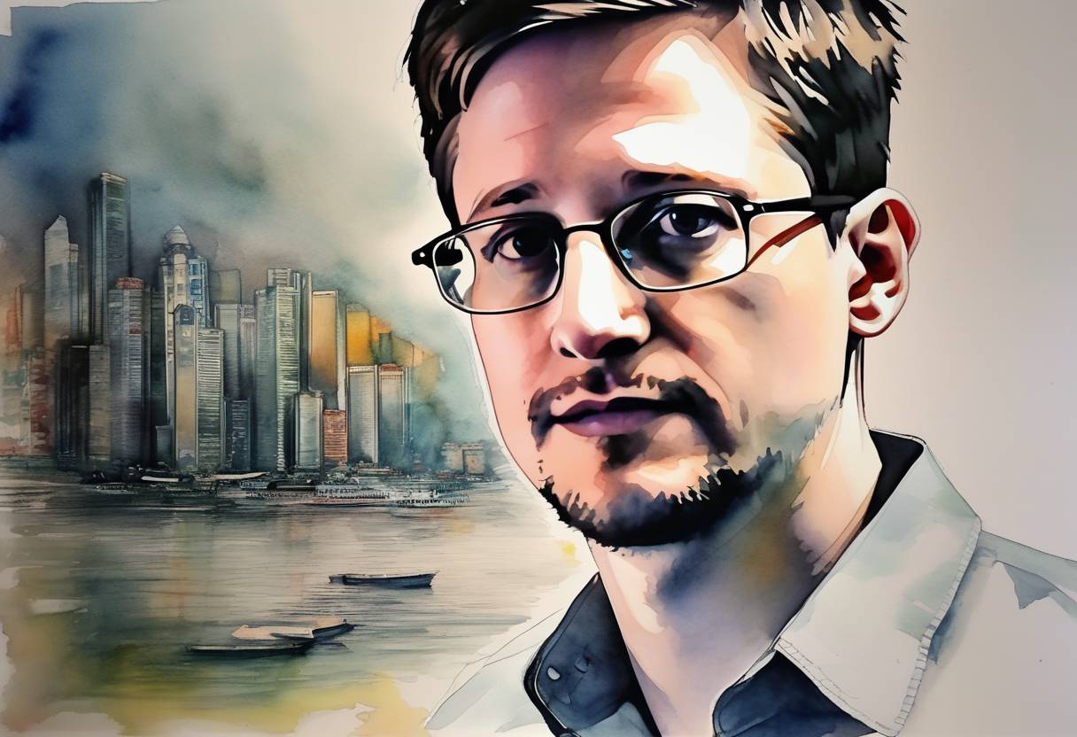 Watercolor painting based depiction of Edward Snowden comes forward as the source of NSA leaks, revealing massive surveillance programs run by the U.S. government. (2013)