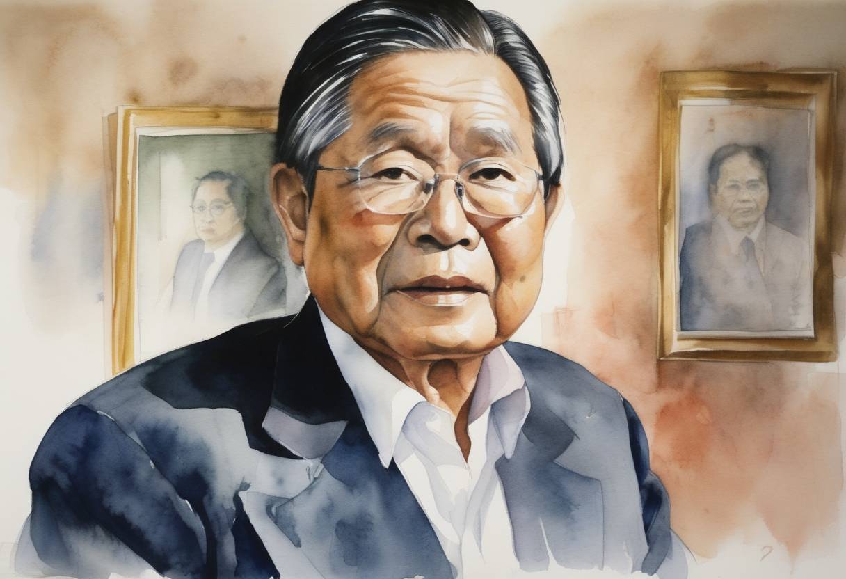 Watercolor painting based depiction of Former Peruvian President Alberto Fujimori pleaded guilty to charges of ordering an illegal search in an effort to recover compromising videotapes in 2000. He was sentenced to six years in prison for abuse of power, which was part of a series of legal battles for human rights abuses and corruption. (2007)