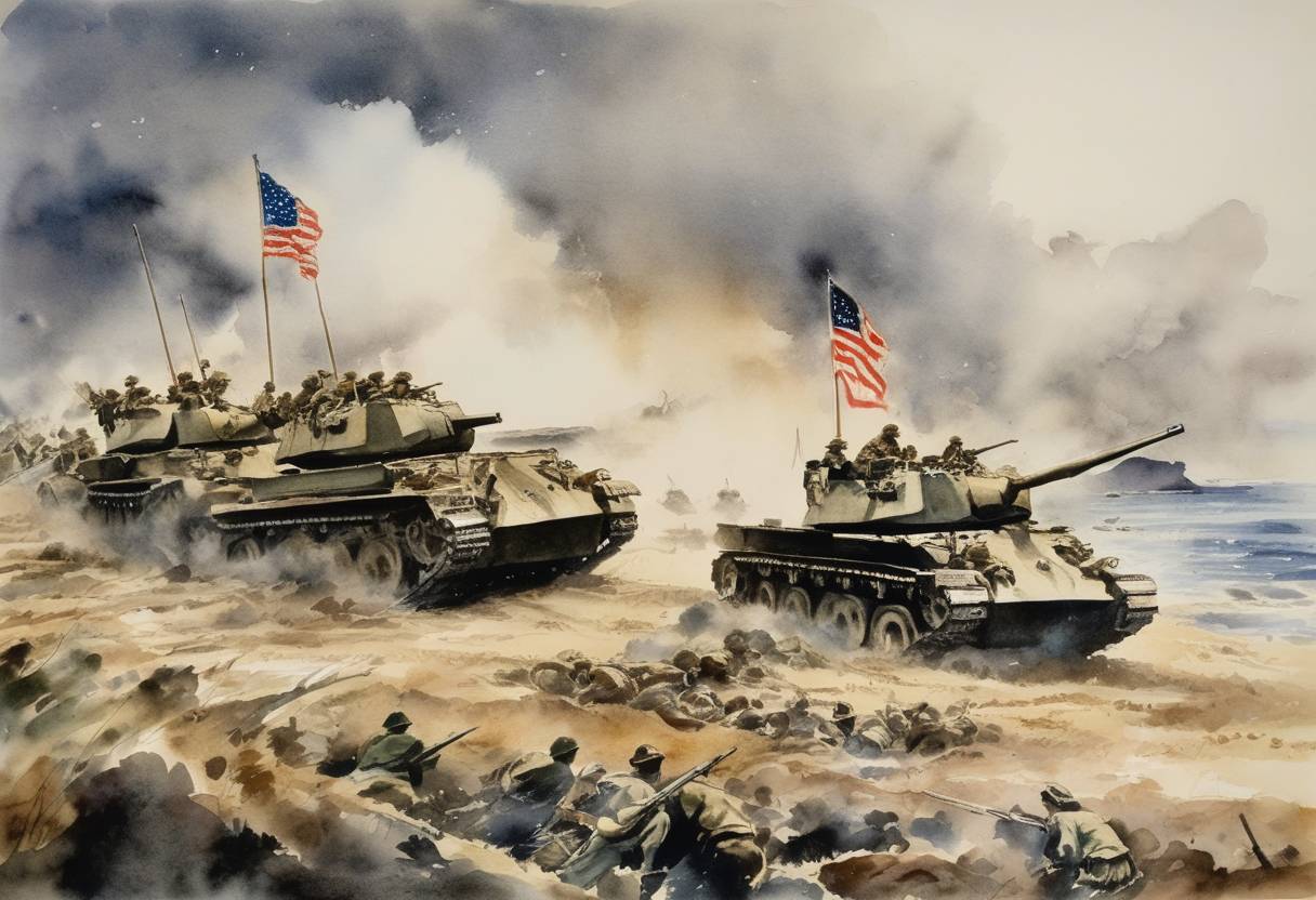 Watercolor painting based depiction of The Battle of Iwo Jima ended as the island was declared secure by the United States military. (1945)
