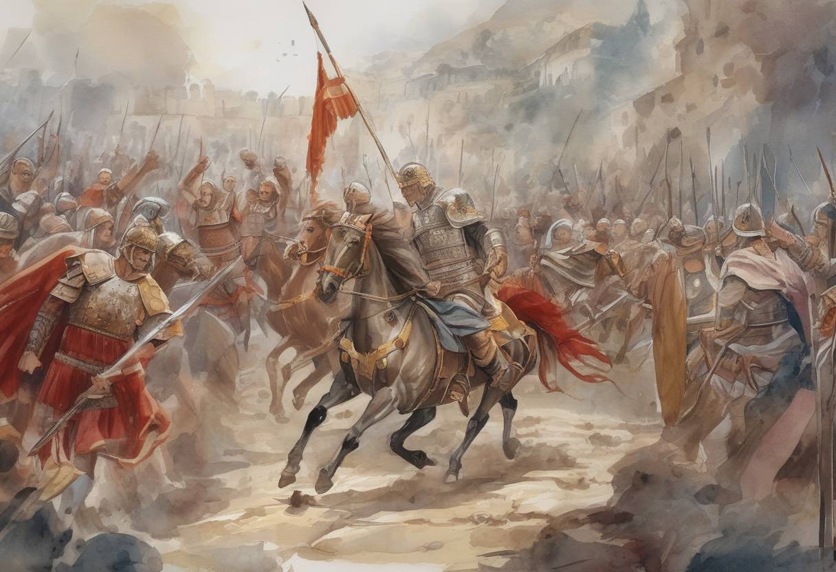 Watercolor painting based depiction of The Roman Emperor Gratian is killed in Lugdunum (modern-day Lyon, France) by the forces of the usurper Magnus Maximus. (383)