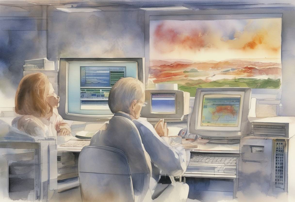 Watercolor painting based depiction of Compaq Computer pays $9 billion for Digital Equipment Corporation in the largest high-tech acquisition to date. (1998)