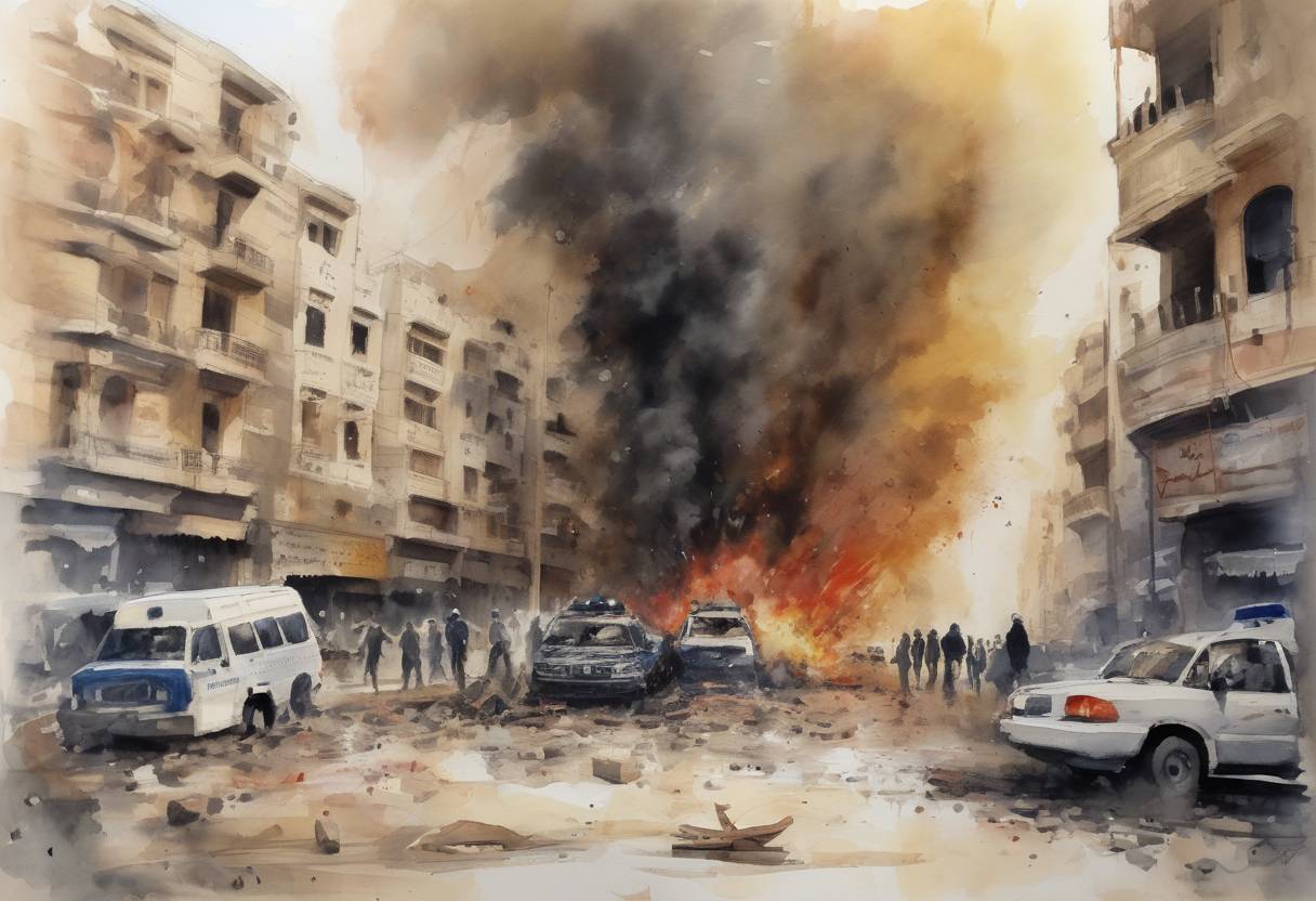 Watercolor painting based depiction of A suicide bombing in the city of Mansoura, Egypt, targeted a police headquarters, killing at least 16 people and injuring over 100. The attack was later claimed by the militant group Ansar Beit al-Maqdis. (2013)