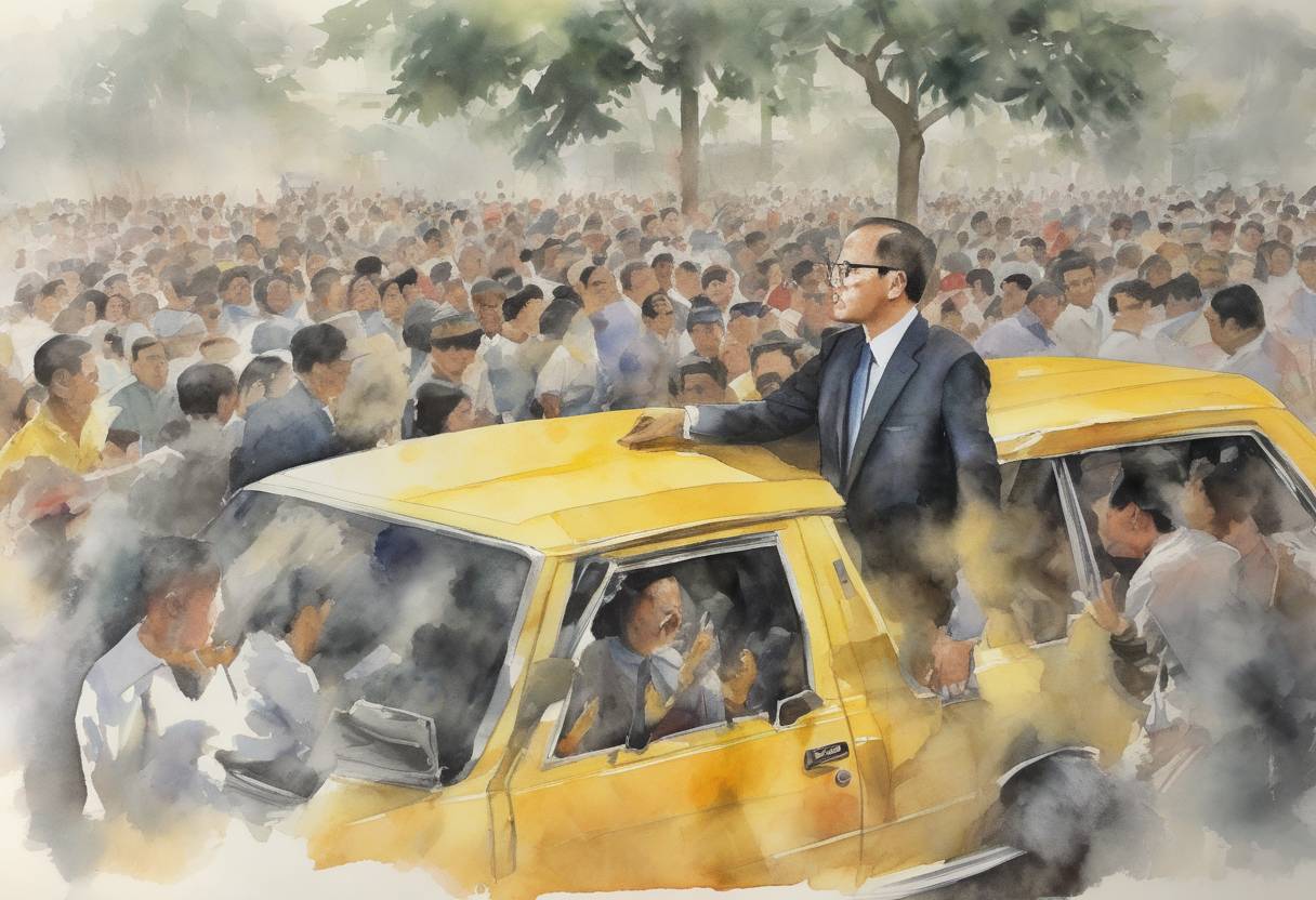 Watercolor painting based depiction of Benigno Aquino Jr., a prominent Filipino opposition leader, is assassinated at Manila International Airport upon returning from exile, sparking widespread protests against the Marcos regime. (1983)