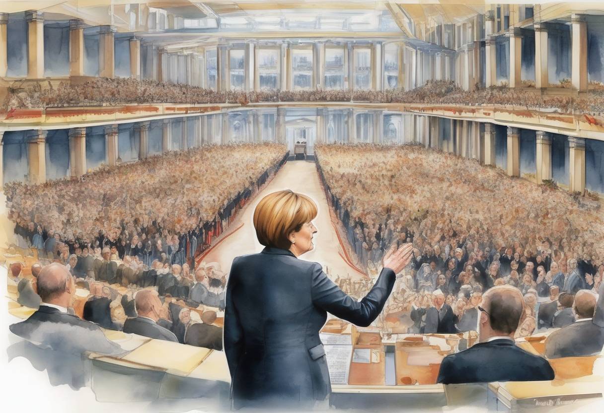 Watercolor painting based depiction of Angela Merkel was sworn in as Germany's first female Chancellor, marking a significant moment in German and European politics. (2005)