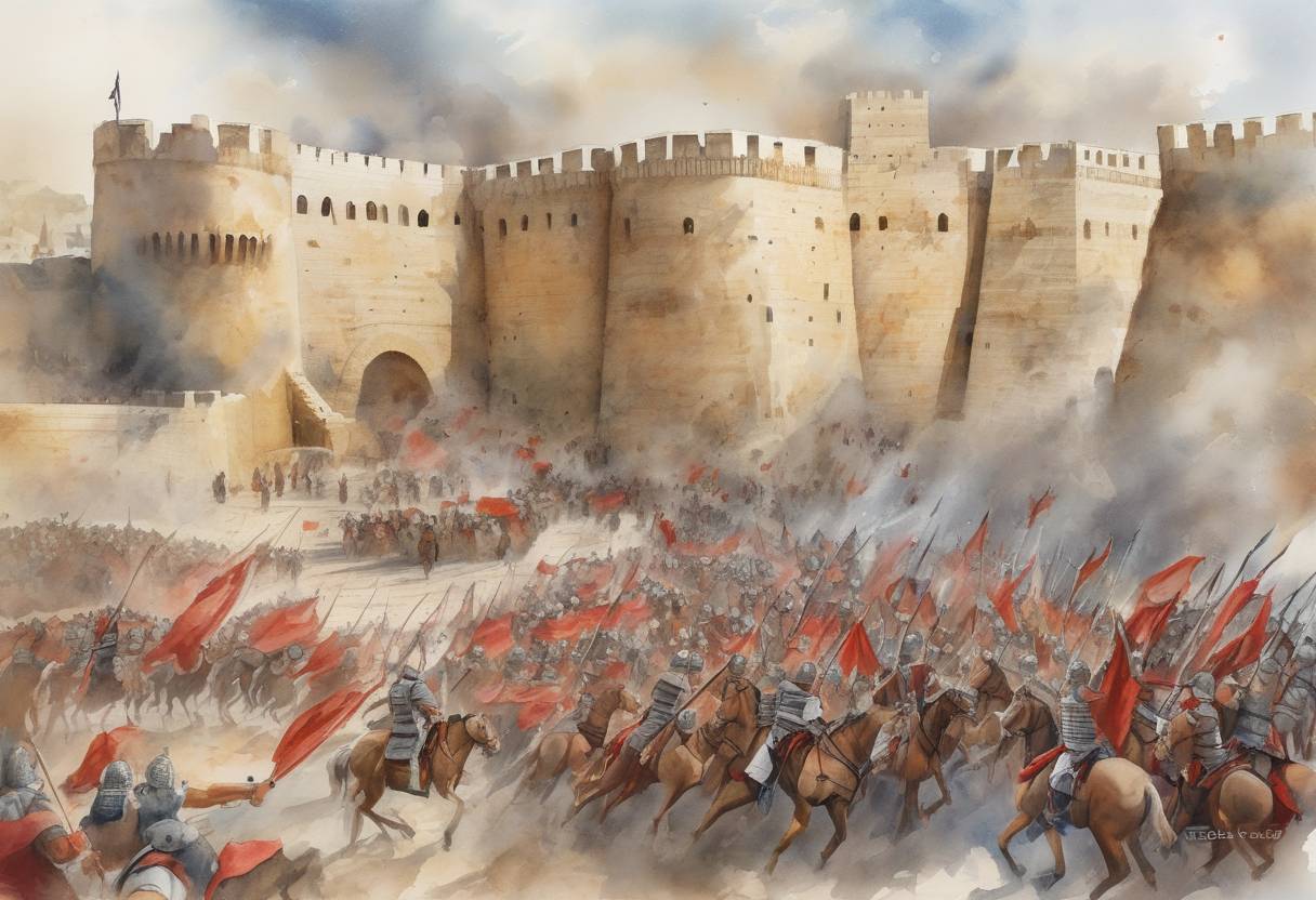 Watercolor painting based depiction of The Siege of Jerusalem by the Roman army led by Titus reaches a critical point as the Roman forces breach the Antonia Fortress, a key defensive position for the Jewish rebels. (70)