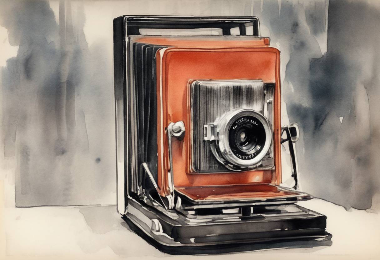 Watercolor painting based depiction of Edwin Land demonstrated the first instant camera, the Polaroid Land Camera, at a meeting of the Optical Society of America in New York City. (1947)
