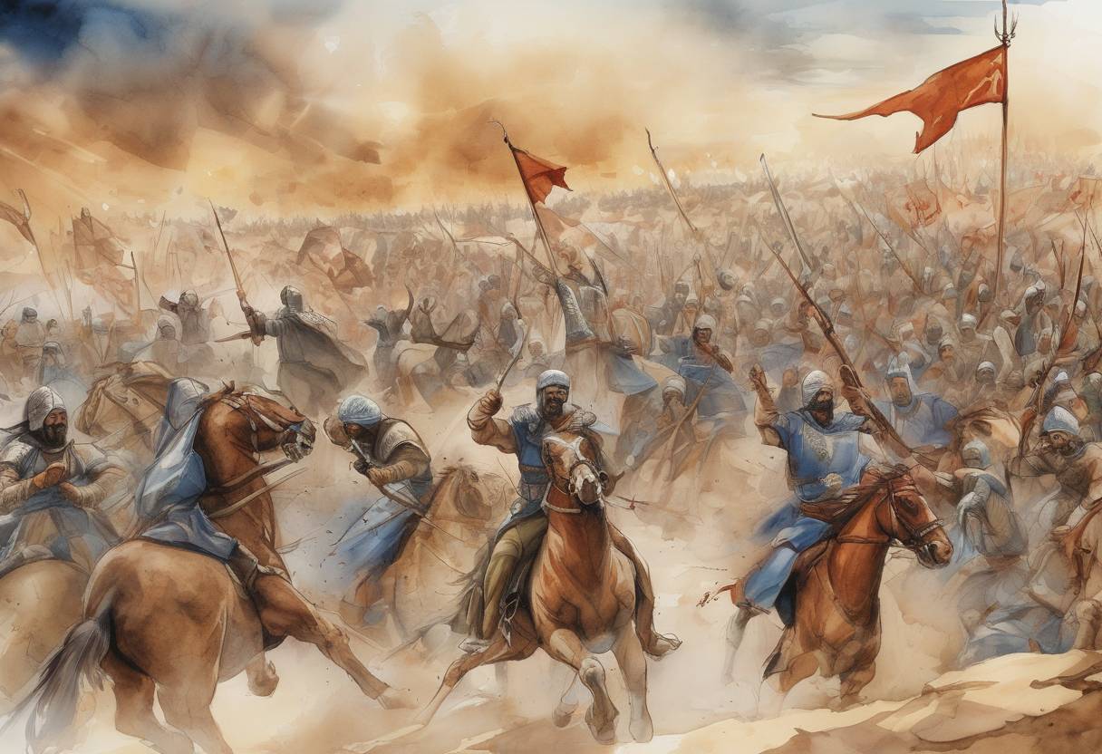 Watercolor painting based depiction of The Battle of Mu'tah took place, where Muslim forces under the command of Zayd ibn Harithah faced the Byzantine Empire's army. This battle was significant as it marked the first military engagement between the Muslims and the Byzantine Empire. (629)