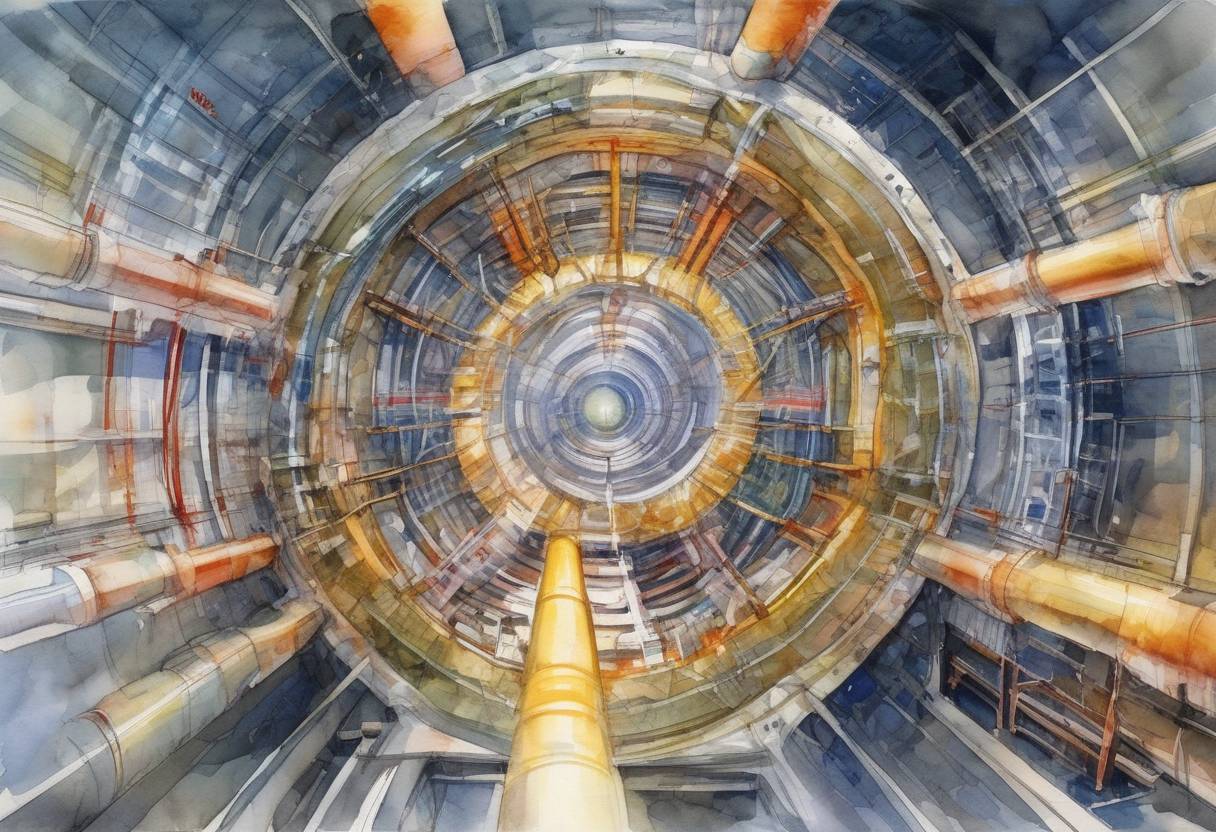 Watercolor painting based depiction of The Large Hadron Collider (LHC) at CERN was officially inaugurated, marking a significant milestone in particle physics research. (2008)