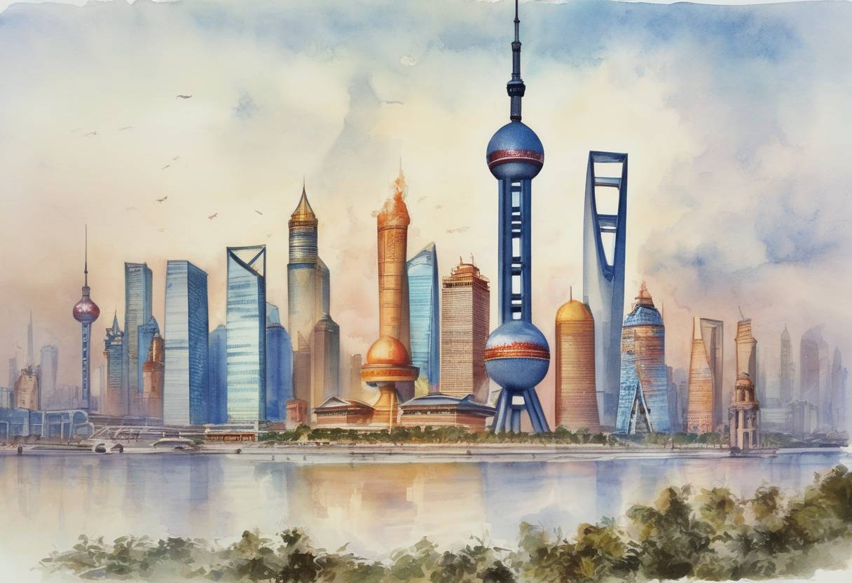 Watercolor painting based depiction of The Shanghai Cooperation Organization (SCO) was founded by the leaders of China, Kazakhstan, Kyrgyzstan, Russia, Tajikistan, and Uzbekistan in Shanghai, China. The organization aims to promote political, economic, and military cooperation among its member states. (2001)