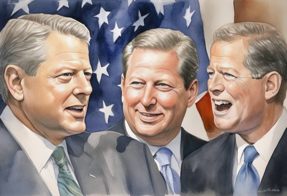 Watercolor painting based depiction of Al Gore conceded the U.S. presidential election to George W. Bush following a Supreme Court decision. (2000)