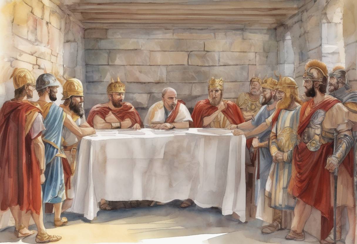 Watercolor painting based depiction of The Conference of Carnuntum was convened by Roman Emperor Diocletian, along with his co-emperors Galerius and Maximian, to address the political instability within the Roman Empire. This meeting led to the reaffirmation of the Tetrarchy system, which divided the empire into four regions each ruled by a co-emperor. (308)