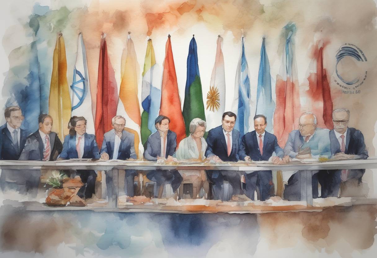 Watercolor painting based depiction of The G20 summit in Buenos Aires concluded with a joint declaration on trade and climate change, highlighting global cooperation amid rising tensions. (2018)