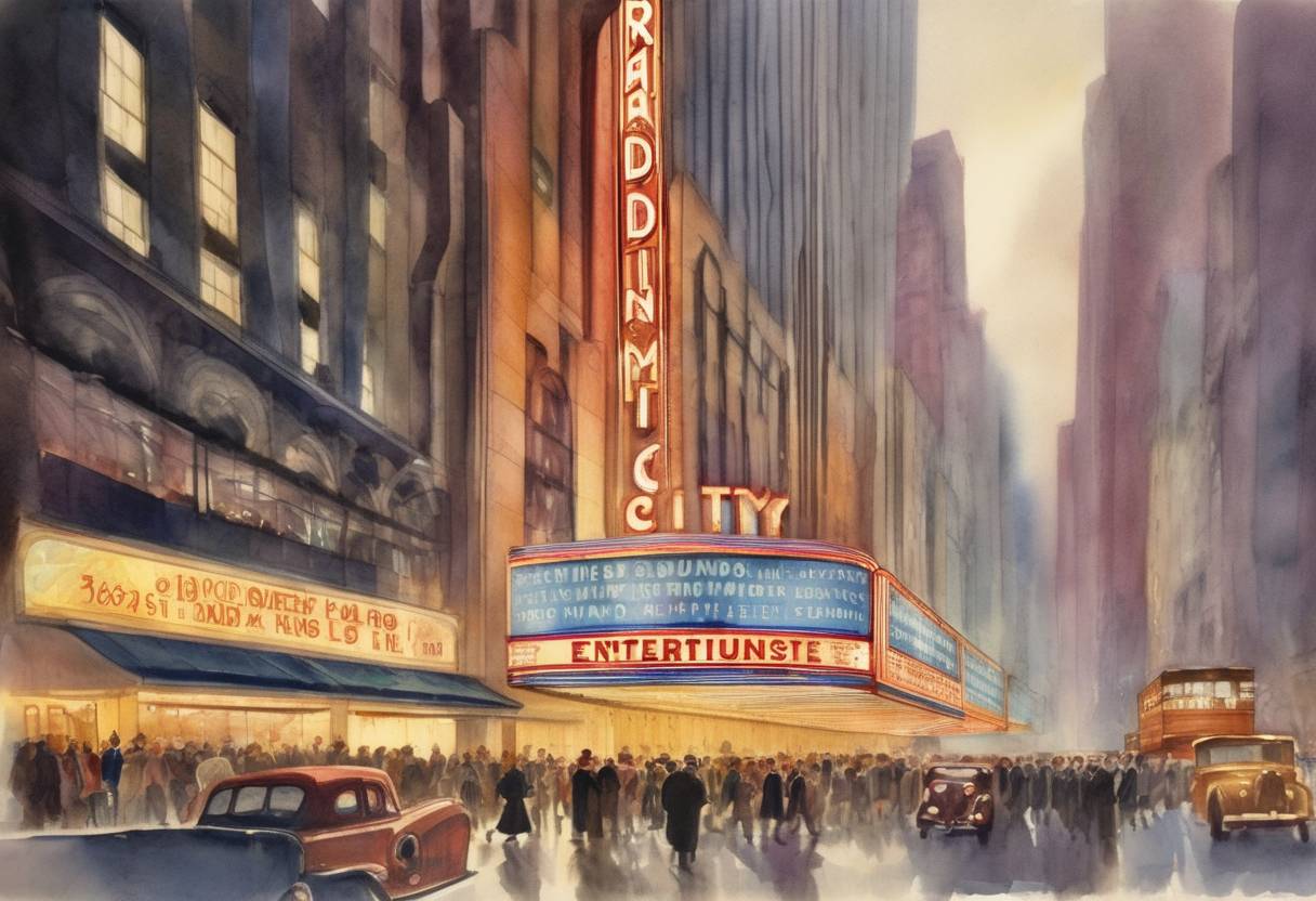 Watercolor painting based depiction of Radio City Music Hall opened in New York City, becoming a leading venue for entertainment. (1932)