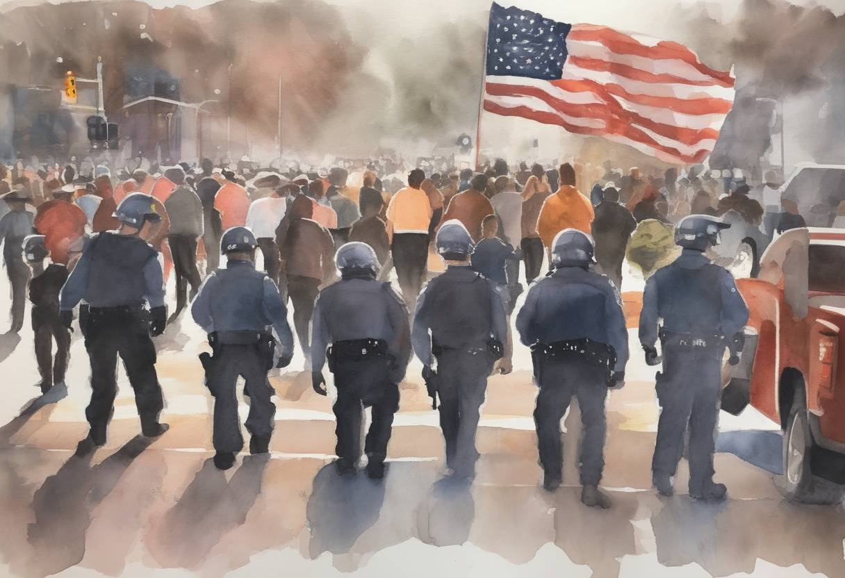 Watercolor painting based depiction of The U.S. Department of Justice released a report condemning the Ferguson Police Department for racial bias, following the shooting of Michael Brown in 2014. (2015)
