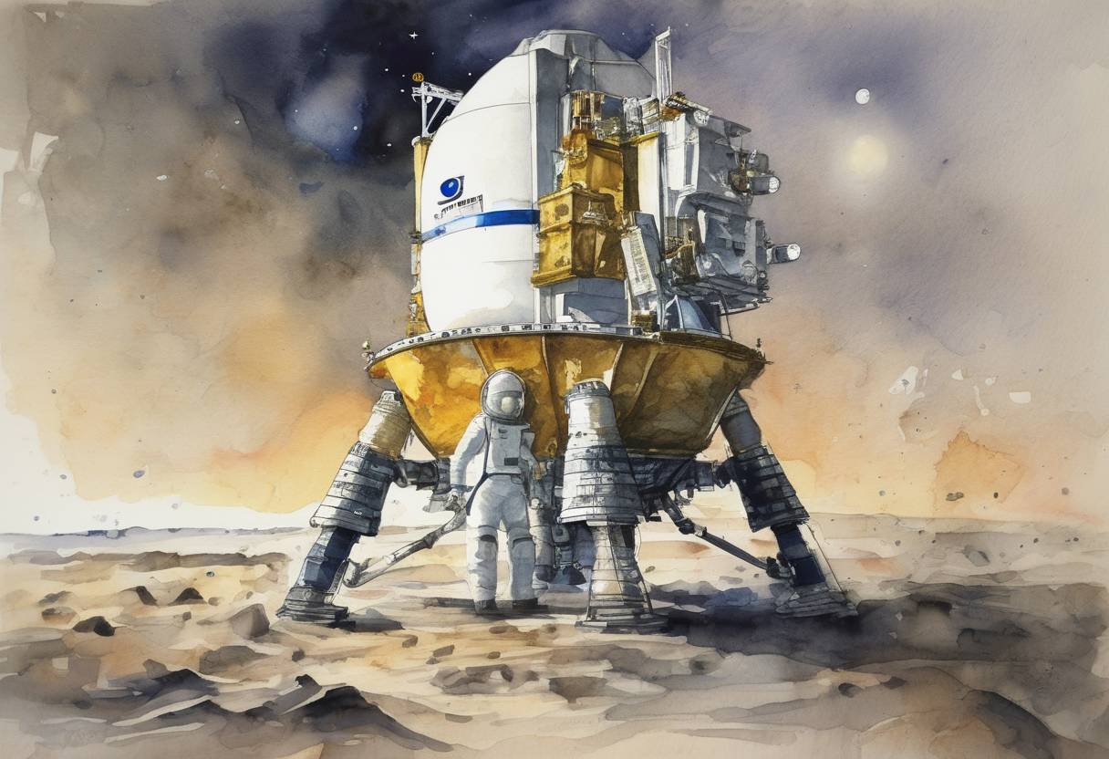 Watercolor painting based depiction of India successfully launched its first lunar probe, Chandrayaan-1, marking a significant milestone in its space exploration efforts. (2008)