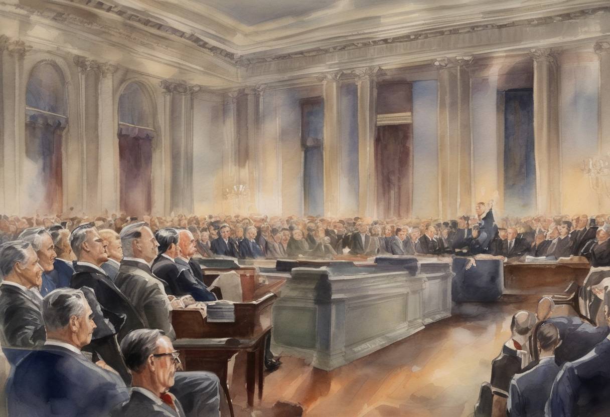 Watercolor painting based depiction of Franklin D. Roosevelt was inaugurated for an unprecedented fourth term as President of the United States. (1945)