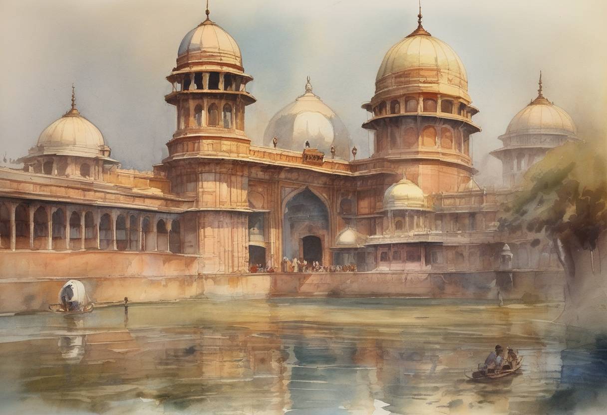Watercolor painting based depiction of Delhi replaces Calcutta as the capital of India during the British Raj, as announced by King George V at the Delhi Durbar. (1911)