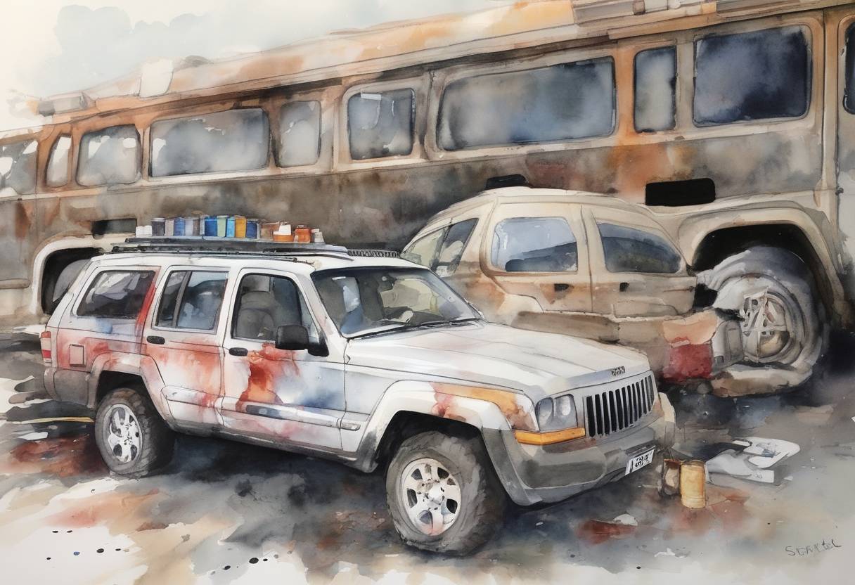Watercolor painting based depiction of A terrorist attack occurred at Glasgow Airport in Scotland when a Jeep Cherokee loaded with propane canisters was driven into the terminal. The attack was foiled, and the perpetrators were apprehended. (2007)