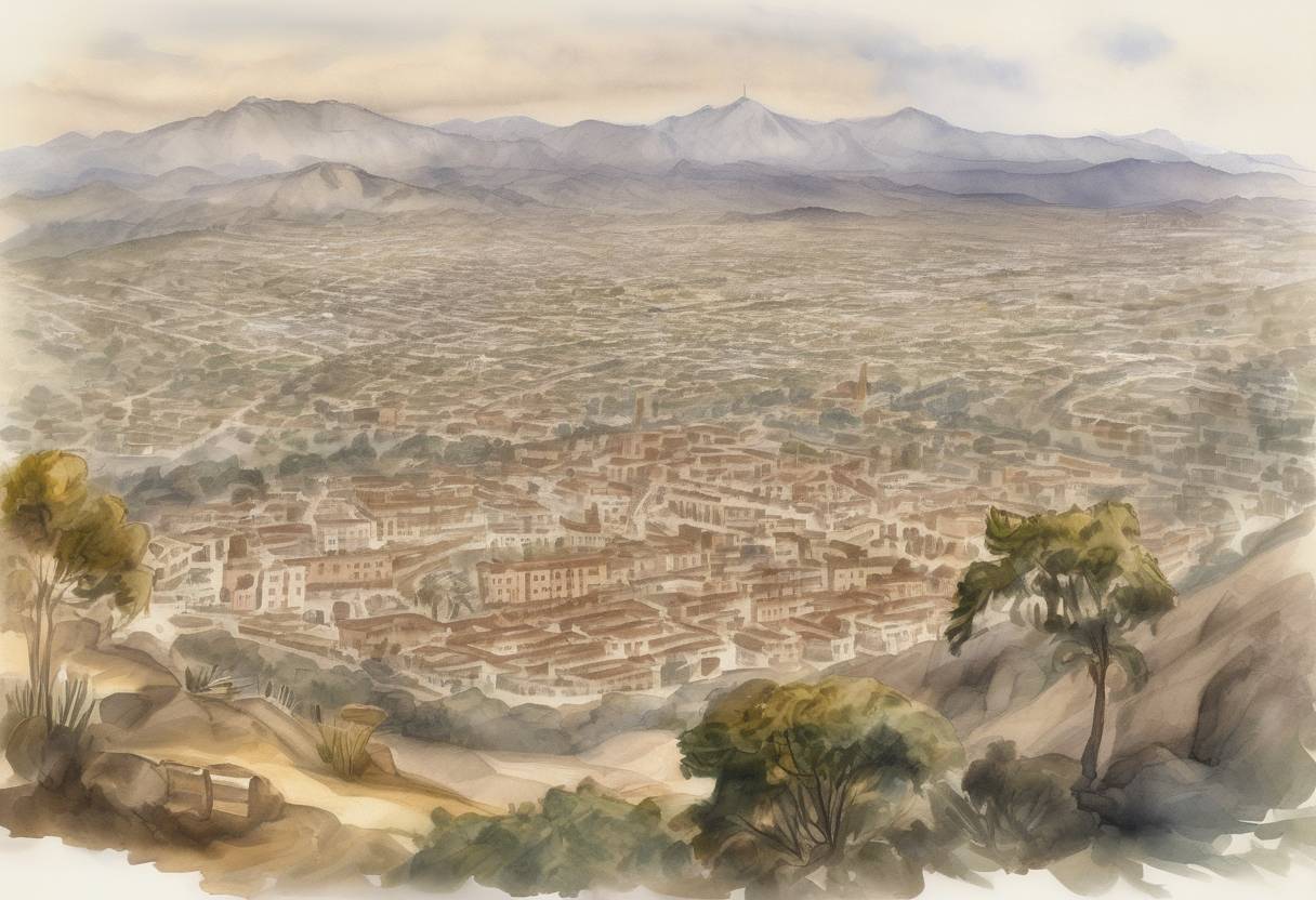 Watercolor painting based depiction of The city of Los Angeles was founded by 44 Spanish settlers as El Pueblo de Nuestra Señora la Reina de los Ángeles de Porciúncula. (1781)