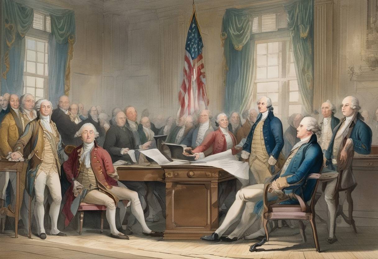 Watercolor painting based depiction of Delaware becomes the first state to ratify the United States Constitution. (1787)