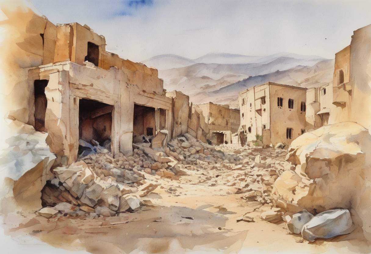 Watercolor painting based depiction of A magnitude 7.3 earthquake struck the El Asnam region of Algeria, resulting in significant casualties and damage. (1980)