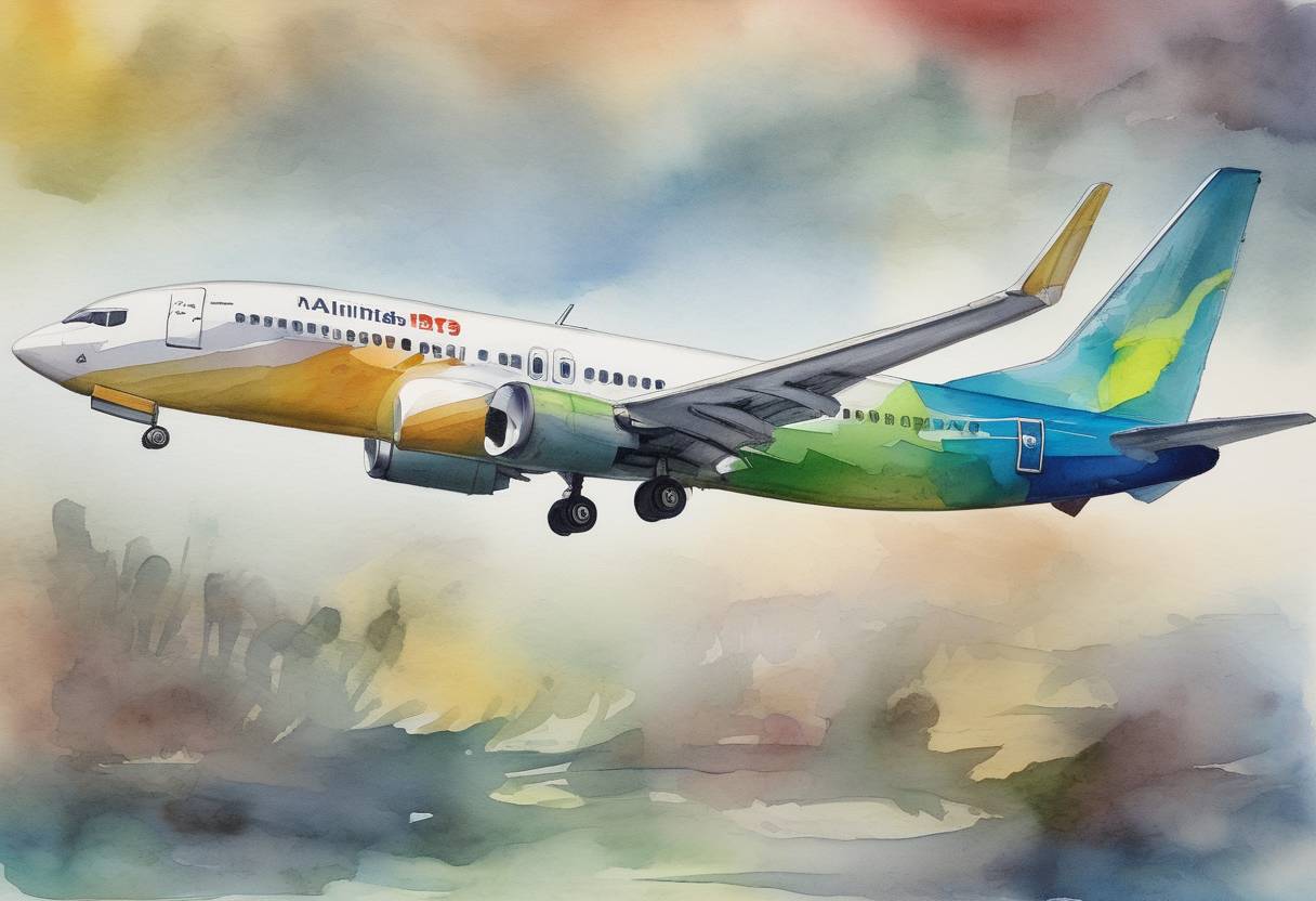 Watercolor painting based depiction of The United States grounded all Boeing 737 MAX aircraft following two fatal crashes involving the aircraft model, including the Ethiopian Airlines Flight 302 crash on March 10, 2019. (2019)