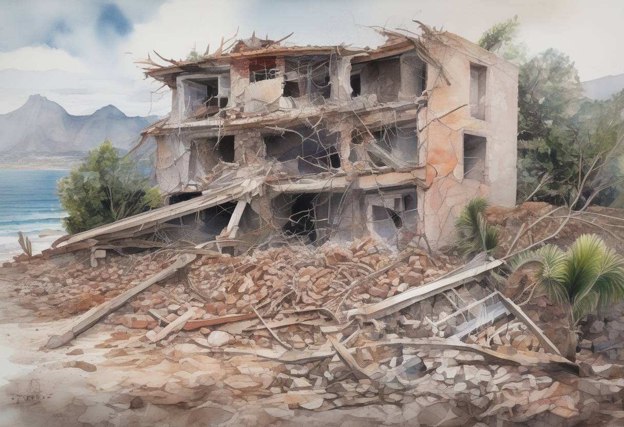 Watercolor painting based depiction of A powerful earthquake with a magnitude of 8.2 struck off the southern coast of Mexico, causing significant damage and resulting in at least 98 deaths. (2017)