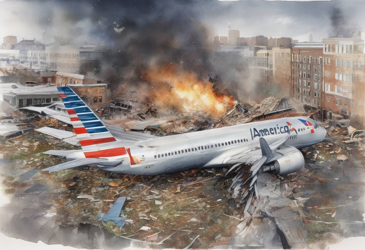 Watercolor painting based depiction of American Airlines Flight 587 crashes in the Belle Harbor neighborhood of Queens, New York City, shortly after takeoff from John F. Kennedy International Airport, killing all 260 people on board and five people on the ground. (2001)