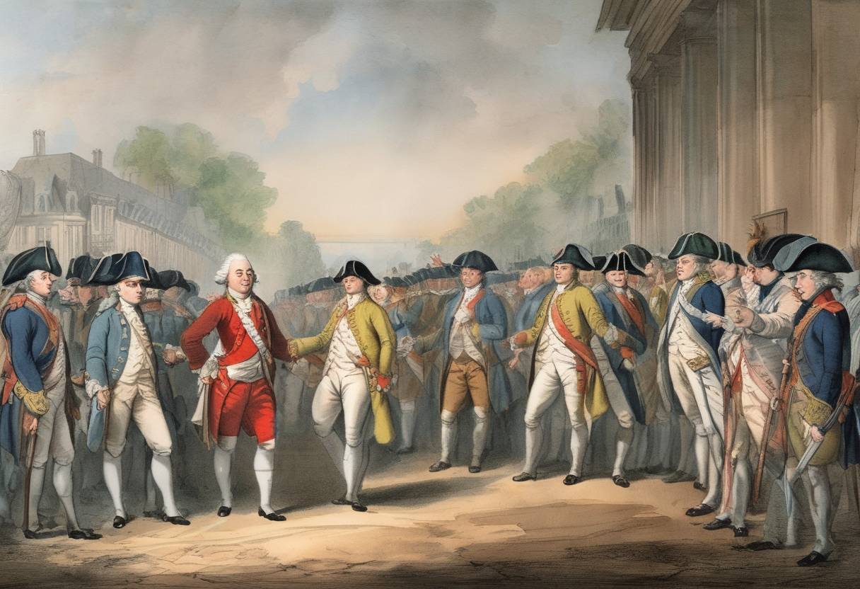 Watercolor painting based depiction of Louis XVI of France declared war on the Kingdom of Great Britain, entering the American Revolutionary War. (1778)