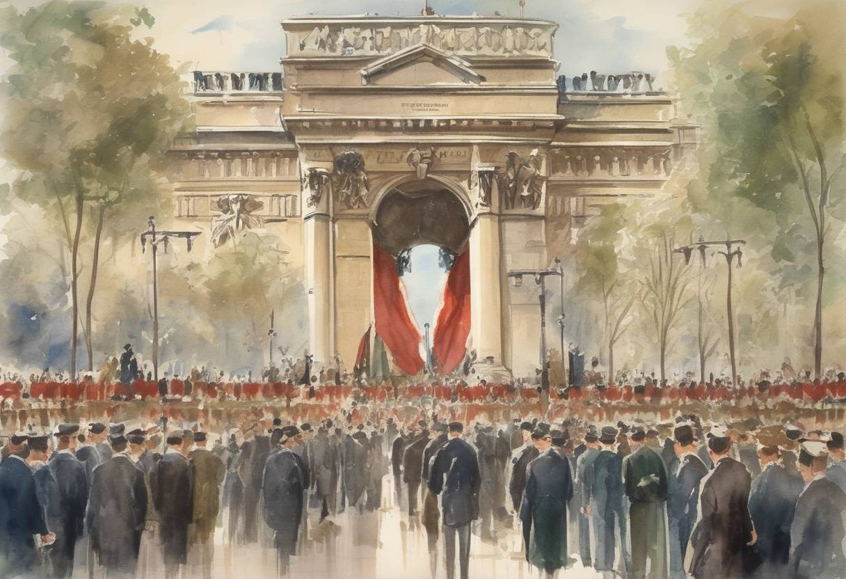 Watercolor painting based depiction of France ratifies a new constitution, establishing the Fifth Republic under Charles de Gaulle. (1958)