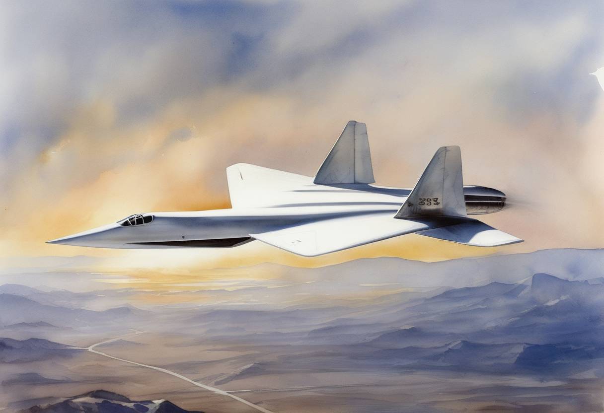 Watercolor painting based depiction of The North American XB-70 Valkyrie, a prototype supersonic bomber, made its first flight. (1964)