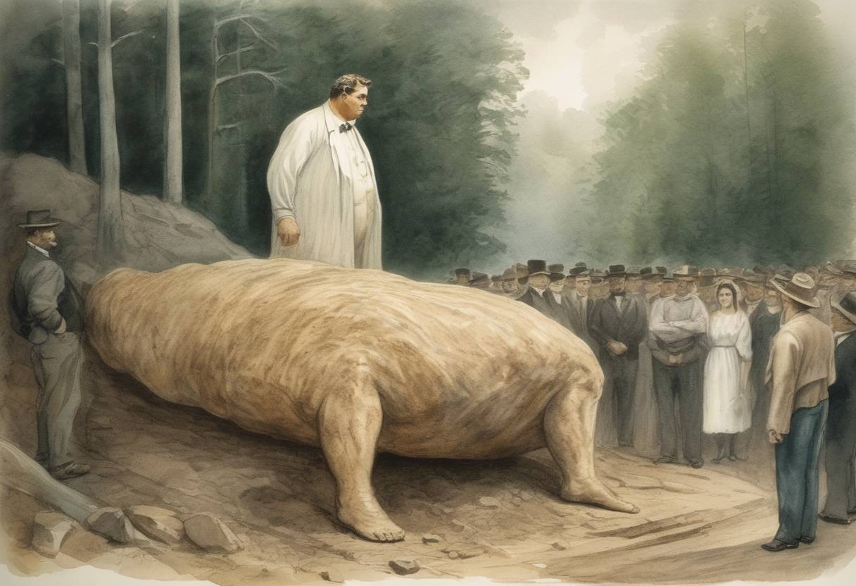 Watercolor painting based depiction of The Cardiff Giant is 'discovered' in Cardiff, New York, a ten-foot-tall purported 'petrified man' which was later confirmed to be a hoax. (1869)
