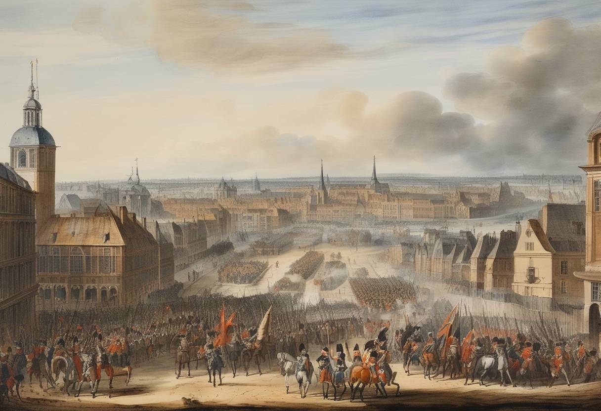 Watercolor painting based depiction of The British and Dutch forces, led by the Duke of Marlborough, successfully captured the city of Lille after a prolonged siege during the War of the Spanish Succession. (1708)