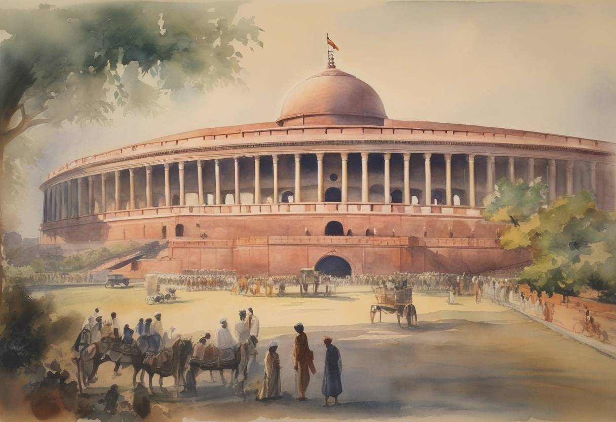 Watercolor painting based depiction of The Interim Constitution of India is adopted, outlining the Indian government structure before the full Constitution is enacted. (1946)