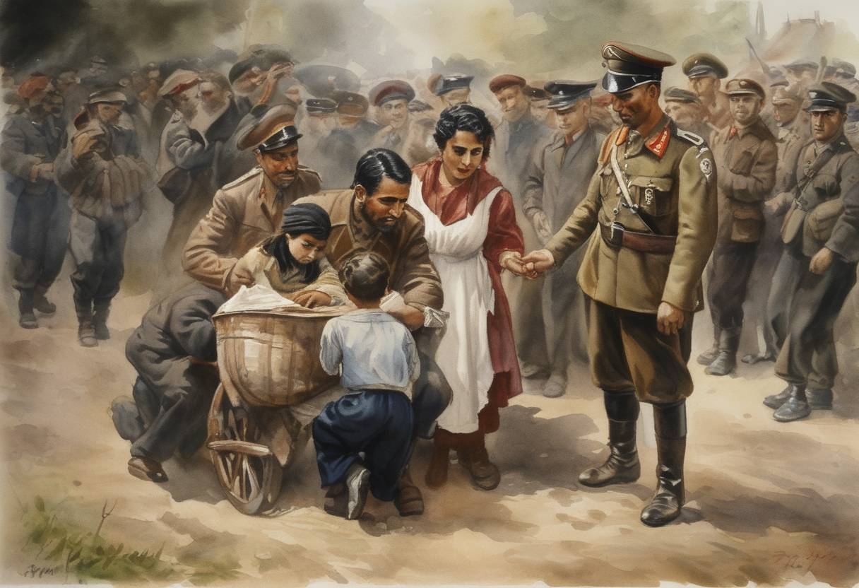 Watercolor painting based depiction of The Nazi government in Germany initiates the Decree for 'Combating the Gypsy Plague' as part of its racial purity policies, exacerbating persecution of Romani people. (1938)
