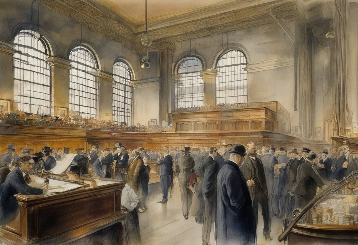 Watercolor painting based depiction of The Dow Jones Industrial Average was first published in the Wall Street Journal, consisting of 12 companies. This marked the beginning of a standard for assessing the performance of industrial stocks in the United States. (1896)