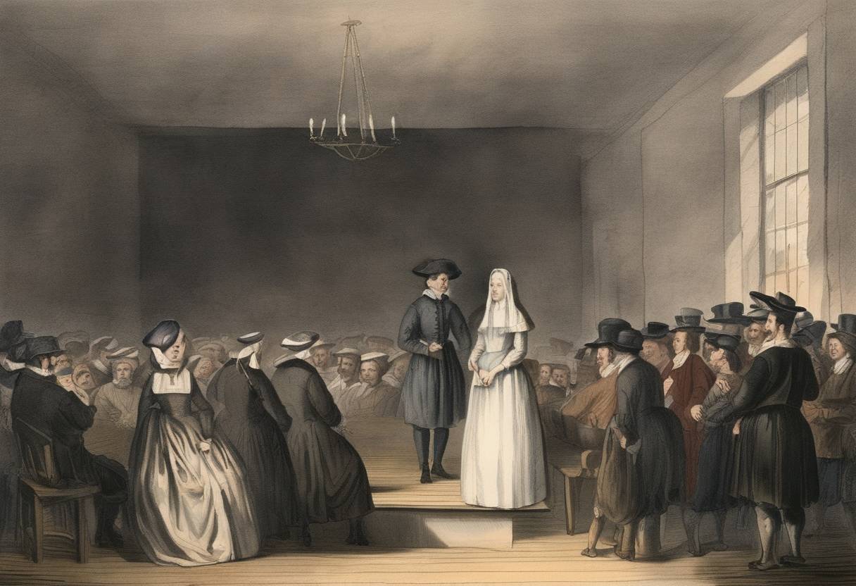 Watercolor painting based depiction of The controversial trial and execution of Mary Dyer, an English Quaker, in Boston. She was hanged for defying a Puritan law banishing Quakers from the colony. (1660)
