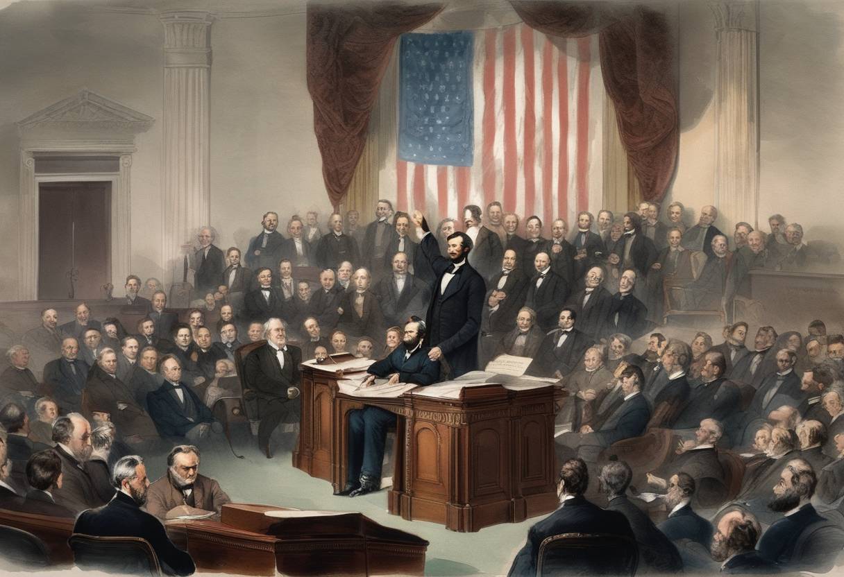 Watercolor painting based depiction of President Abraham Lincoln gives State of the Union address, during which he called for the abolition of slavery and emphasized the preservation of the Union. (1862)