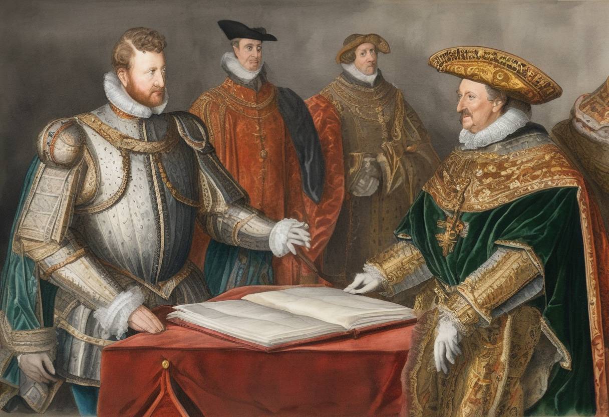 Watercolor painting based depiction of The Earl of Essex, Robert Devereux, is made Lord Lieutenant of Ireland. His appointment is part of the broader English efforts to quell unrest in Ireland during the Nine Years' War. (1598)