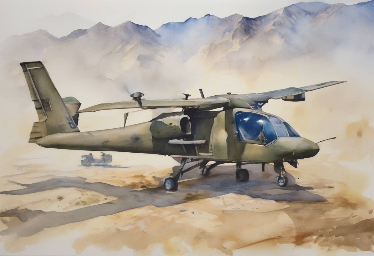 Watercolor painting based depiction of The United States carried out a drone strike in Kabul, Afghanistan, targeting a suspected ISIS-K suicide bomber who was believed to be planning an attack on the Kabul airport. The strike was part of the U.S. military's efforts to prevent further attacks amid the chaotic withdrawal of American troops from Afghanistan. However, the strike tragically resulted in the deaths of ten civilians, including seven children. (2021)
