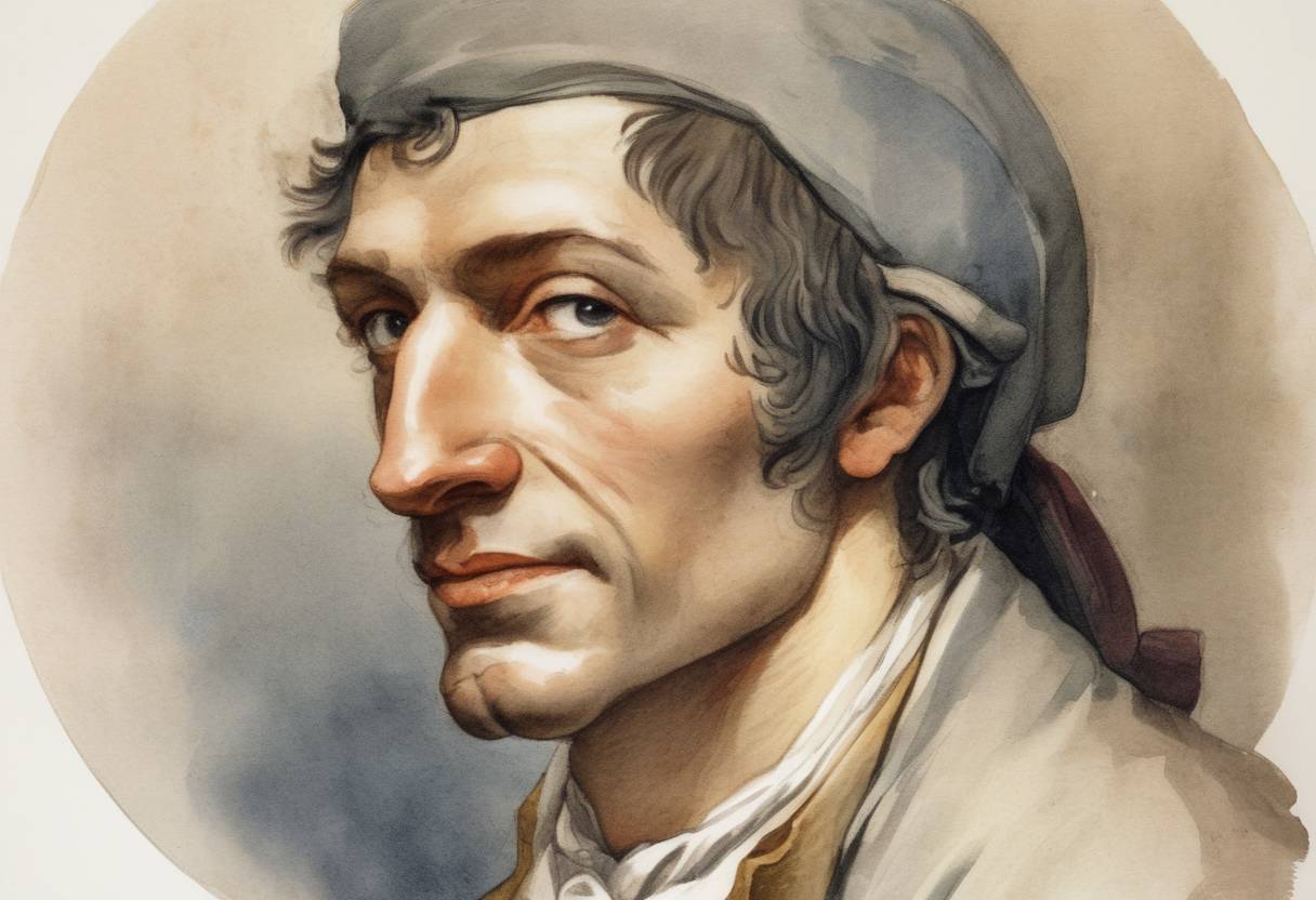 Watercolor painting based depiction of Jean-Paul Marat, a radical journalist and politician during the French Revolution, was assassinated by Charlotte Corday. (1793)