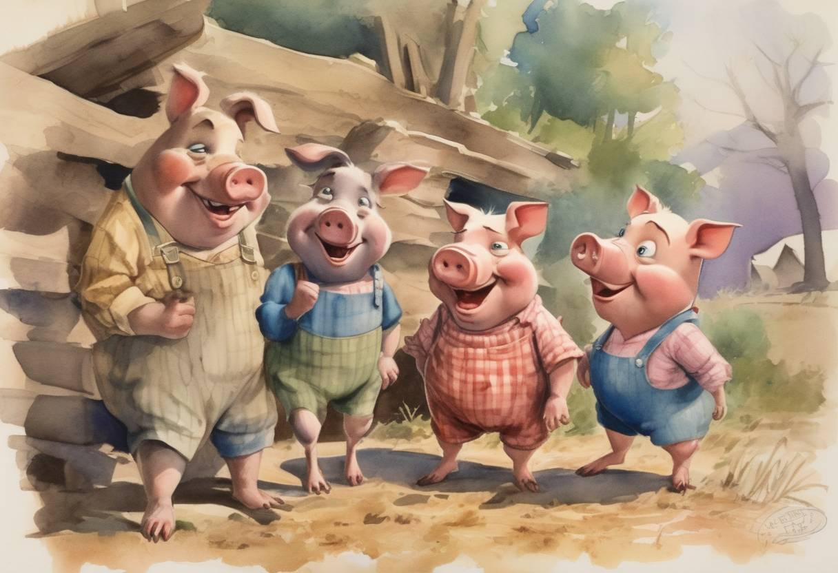Watercolor painting based depiction of The Walt Disney Company releases the animated short film 'The Three Little Pigs', which becomes a major hit and wins an Academy Award. (1933)