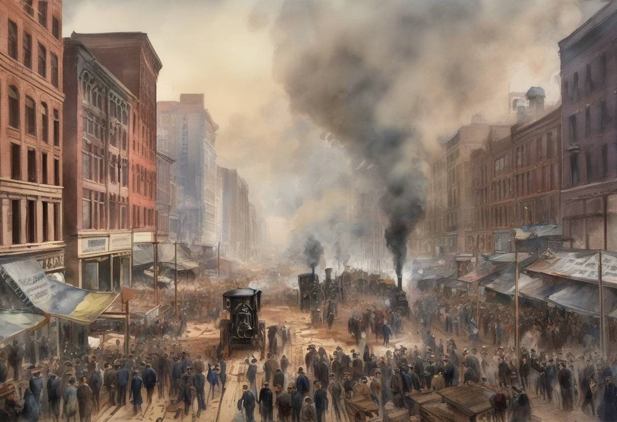 Watercolor painting based depiction of The Haymarket affair occurred in Chicago, where a labor protest rally turned violent after a bomb was thrown at police, leading to deaths and a controversial trial. (1886)
