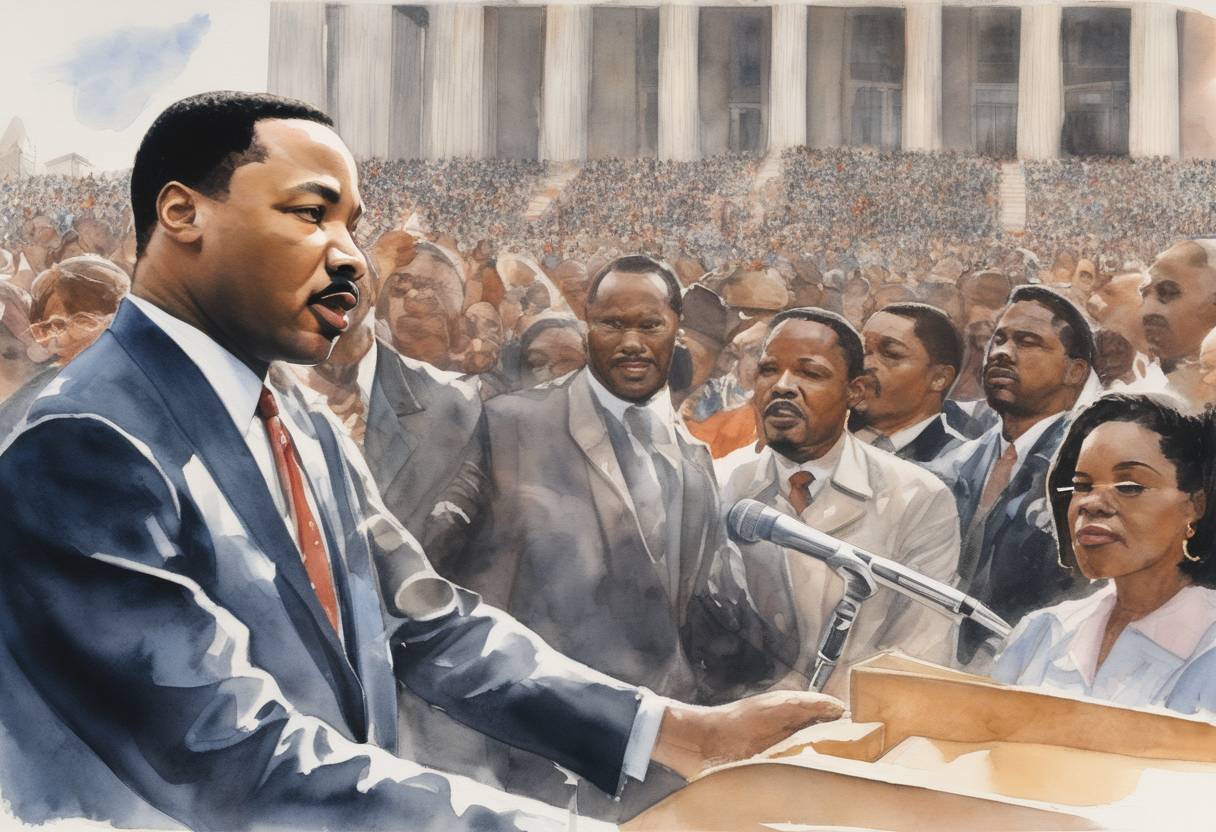 Watercolor painting based depiction of The United States observed Martin Luther King Jr. Day as a federal holiday for the first time, honoring the civil rights leader's contributions to American society. (1986)