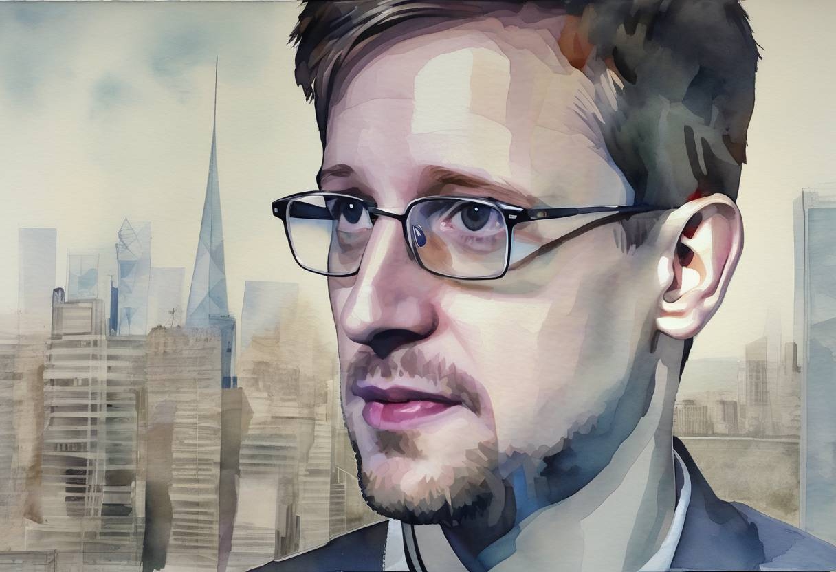 Watercolor painting based depiction of The Guardian published the first of a series of articles based on documents leaked by Edward Snowden, revealing extensive global surveillance programs conducted by the NSA. (2013)