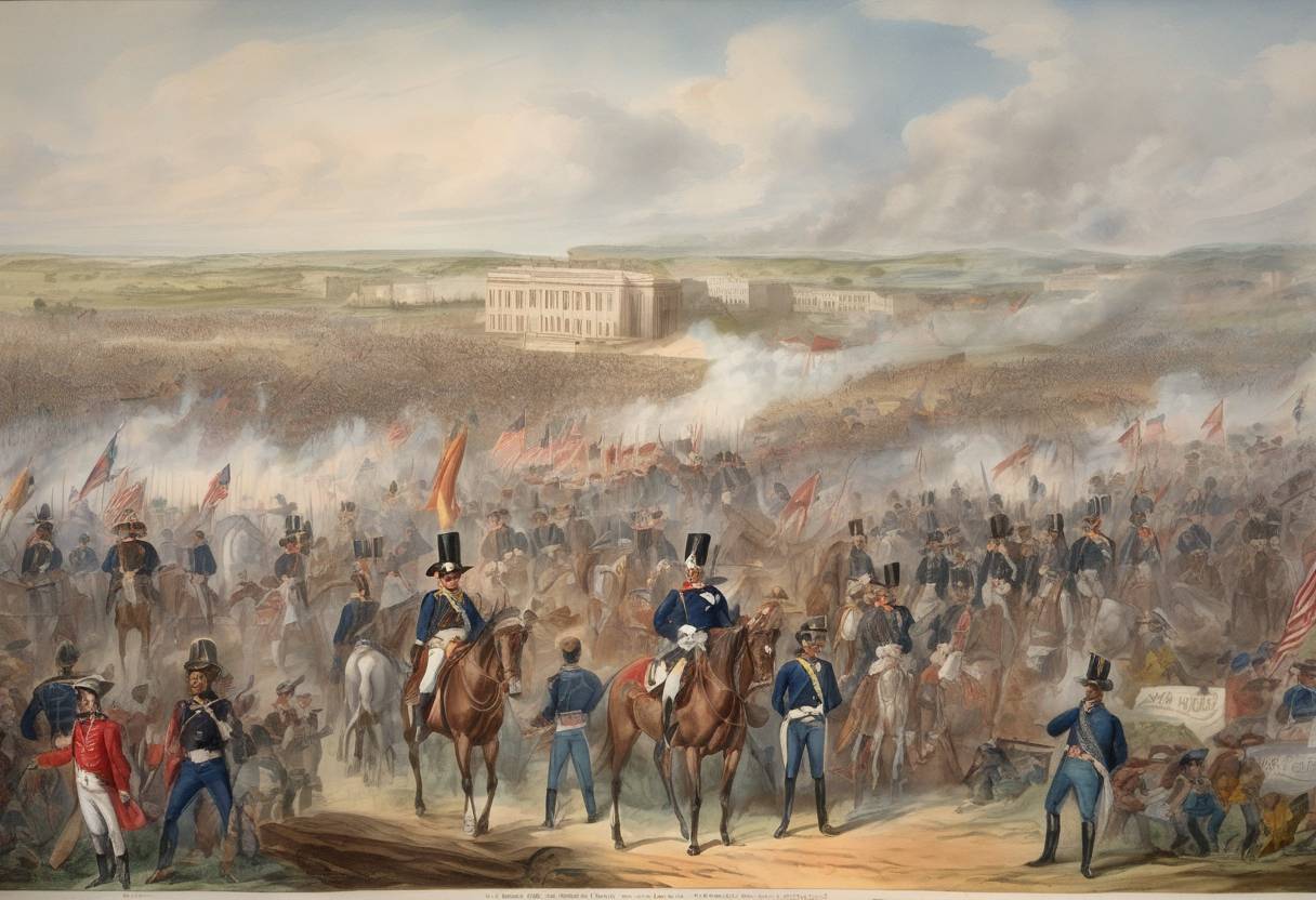 Watercolor painting based depiction of The United States declares war on Mexico, marking the beginning of the Mexican-American War. (1846)